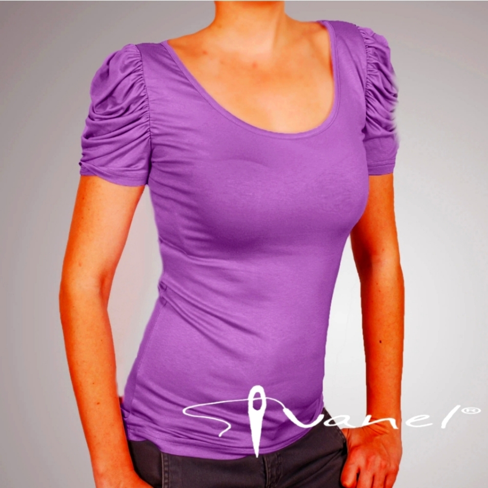 (M)💜🆕️Suzy Sheir Purple Ruching  Chain Back Top💜 Ptp 16"×L29"
